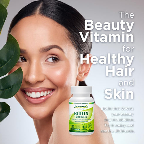Biotin 5000 mcg Supplement – Supports Healthy Hair Growth, Skin, Nails, Energy Production - 120 Veggie Capsules Vitamin