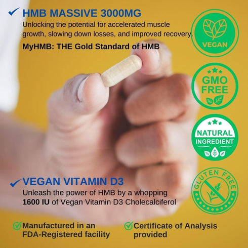 HMB 3000mg and Vitamin D3 Supplement - Promotes Muscle Growth & Recovery, 120 Capsules, 30 Servings