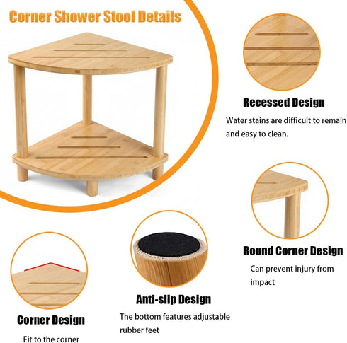 LZDGCC 2-Tier Bamboo Corner Shower Stool, Non-Slip Adjustable Shower Feet Stool for Shaving Legs, Shower Foot Rest