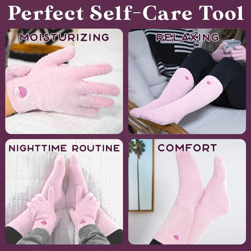 Pink Fuzzy Moisturizing Socks and Gloves Set with Aloe and Vitamin E for Women | Self-Care Gifts