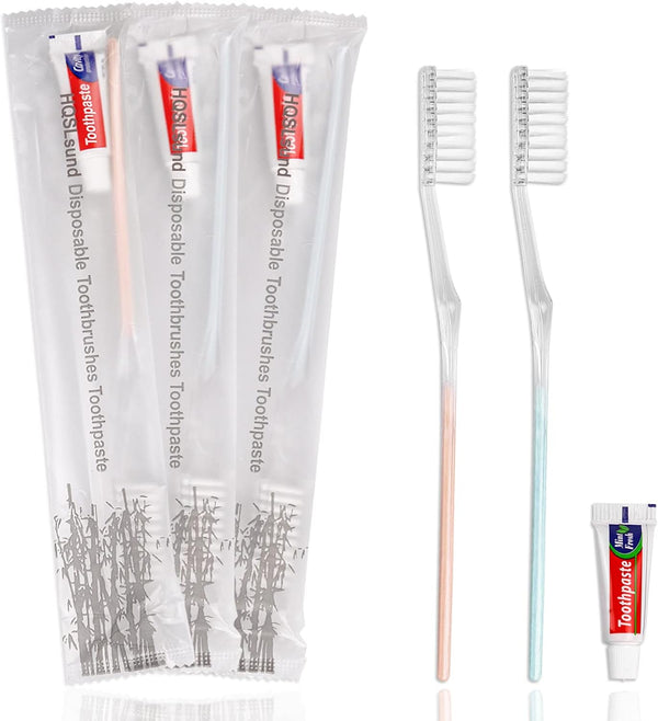 60 Pack Disposable Toothbrushes with Toothpaste, Individually Wrapped (2 Colors)