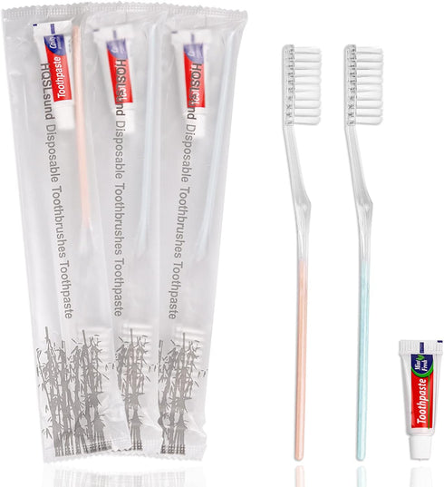 100 Pack Disposable Toothbrushes with Toothpaste, Individually Wrapped Travel Toothbrushes, Soft Bristle, 2 Colors