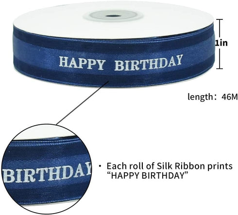 TONIFUL Happy Birthday Ribbon 1 Inch Navy Blue Satin Silk Ribbons for Gift Wrapping 50 Yards Chiffon Organza Ribbon for Birthday Party Supplies Bouquet Wrapping Cake Box Wrapping Decoration by TONIFUL