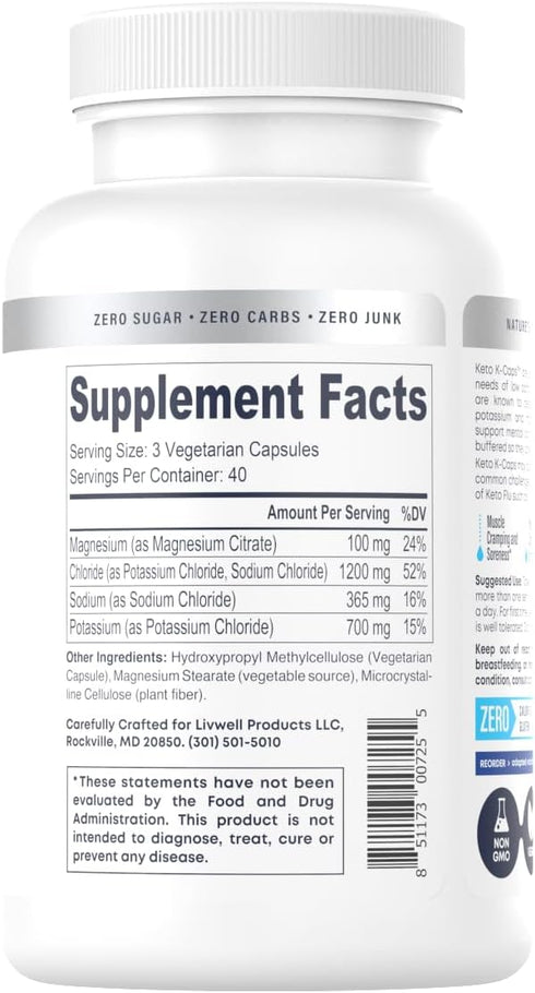 Keto K-Caps Electrolyte Capsules | 700mg Potassium, Sodium, Magnesium | 120 Caps | Hydrate Fast & Beat Leg Cramps