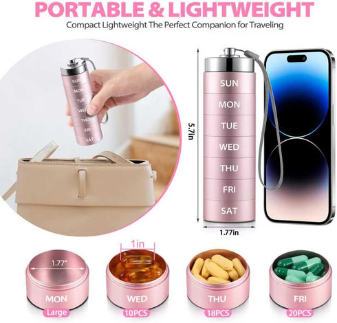 OUVBTX 7 Metal Large Pill Organizer, Travel Weekly Pill Box, Portable Aluminum Alloy Waterproof Container, Day Daily