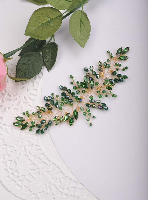 Kercisbeauty Bride Hair Accessories - Green Crystal Hair Vine, Gold Headband for Vintage Wedding