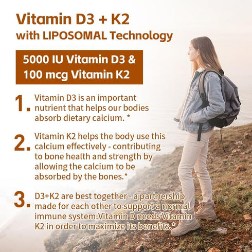 Vitamin D3 + K2 with LIPOSOMAL Technology - 5000iu Vitamin D3 & 100mcg Vitamin K2 as MK-7 - 180 Softgels