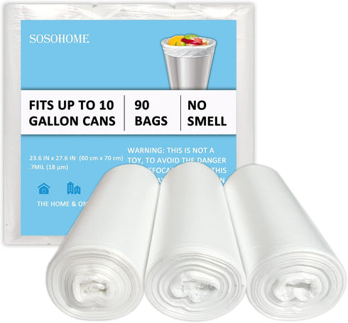 10 Gallon Trash Bags, 18 Micron Ultra Thick Strong Clear Medium Size Garbage Bin Liners, 90 Count