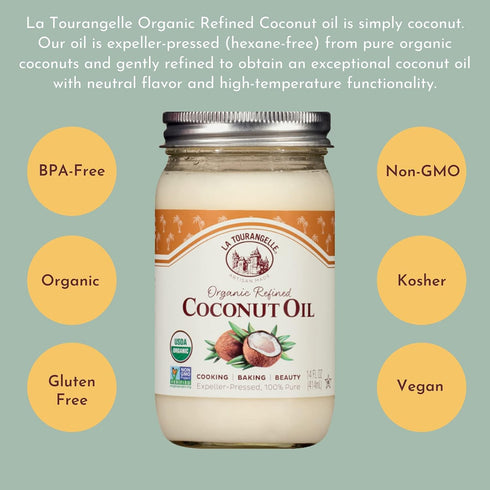La Tourangelle Organic Refined Coconut Oil, Great for Cooking, Baking, Hair, Skin Care, 14 fl oz