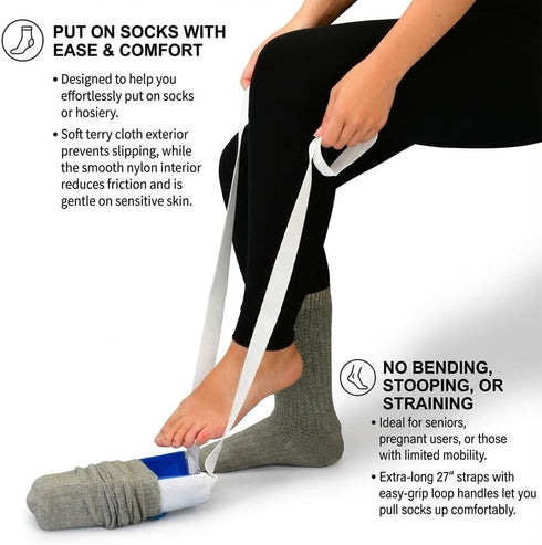 NOVA Sock & Stocking Aid for Seniors Soft Terry Cloth, Flexible Easy-On Sock Helper with Long Pull Straps for Elderly
