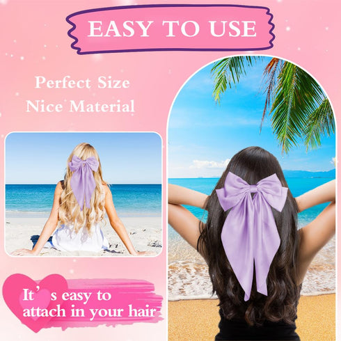 Pufandor Hair Bow Silky Satin Ribbons for Women, Purple Hair Bowknot Barrettes with Clips, Big Hair Accessories