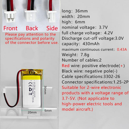 HXJNLDC 3.7V 430mAh 602035 3.7-5V 2-Wire DC Rechargeable Lithium Polymer Battery, Suitable for DIY Electronic Products