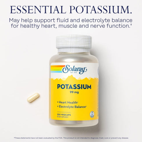 Solaray Potassium 99mg - 200 Count for Fluid & Electrolyte Balance, Heart, Nerve & Muscle Function Support