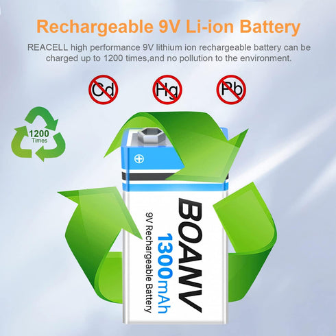 2PCS 1300mAh 9V Rechargeable Batteries with 2 in 1 Charging Cable for Smoke Detectors, Alarms, Keypad, Microphone