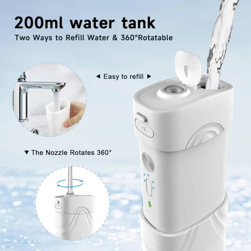Water Flosser Multifunctional Rechargeable Portable Tooth Cleaner, 200 ml Telescopic Water Tank, 4 Tips
