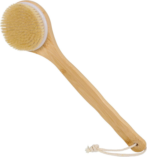OWIIZI Back Scrubber Brush for Shower, Round Head Bristle Body Large Area Deep Cleanse Bath Brushes, Bamboo Long Handle Skin Exfoliator for Men Women Elders Wet or Dry Use