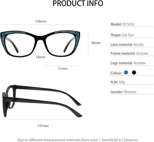 OCCI CHIARI Black Reading Glasses Women 6.0 Stylish Readers in Black Blue, Available in Multiple Strengths