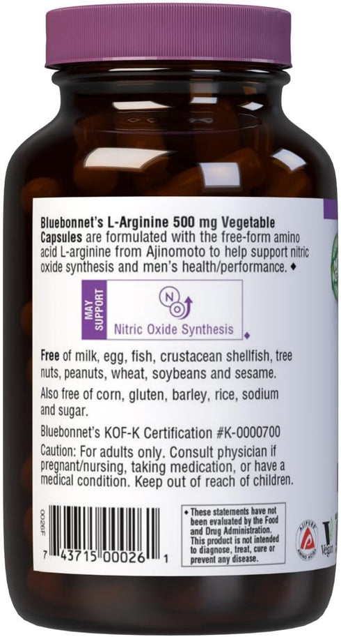 Bluebonnet Nutrition L-Arginine, 500mg, Free-Form Amino Acid, 100 Vegetable Capsules, Nitric Oxide Precursor*, Vegan,