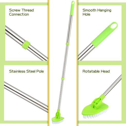 Scrub Cleaning Brush with Long Handle - 2 in 1 Extendable Bathroom Floor Brushes with Stiff Bristles and Sponge Brush