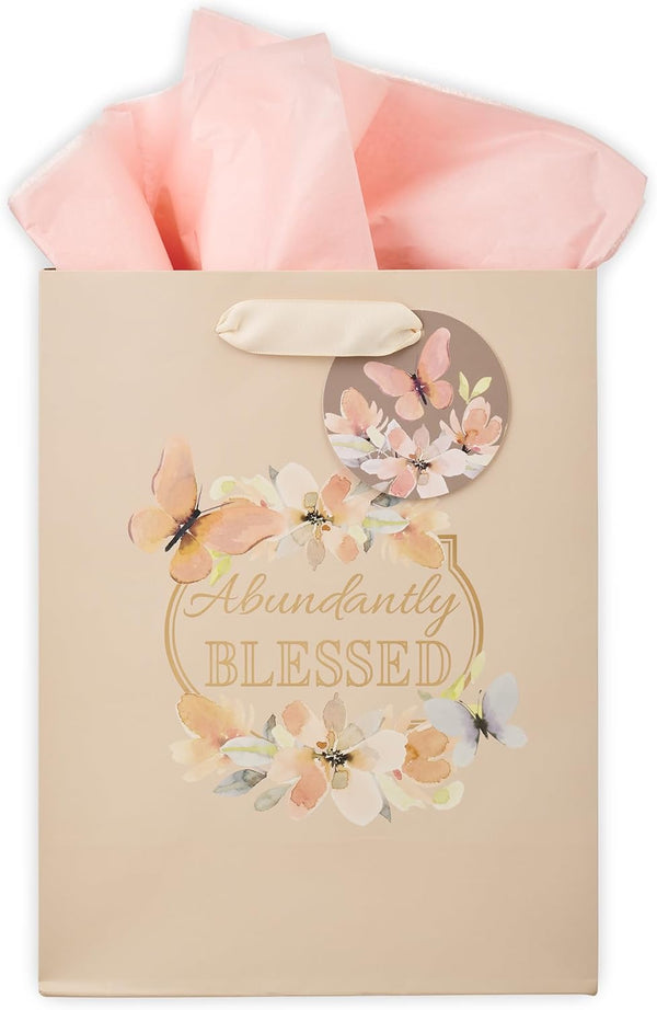 Christian Art Gifts Gift Bag/Tissue Paper Set Abundantly Blessed Bible Verse, Pink Butterfly, Medium Deuteronomy 7:13