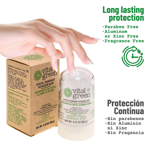 Vital Green Crystal Potassium Alum Deodorant, Unscented, 2.12oz / 60 g, For Men, Women, Athletes (1 Unit)
