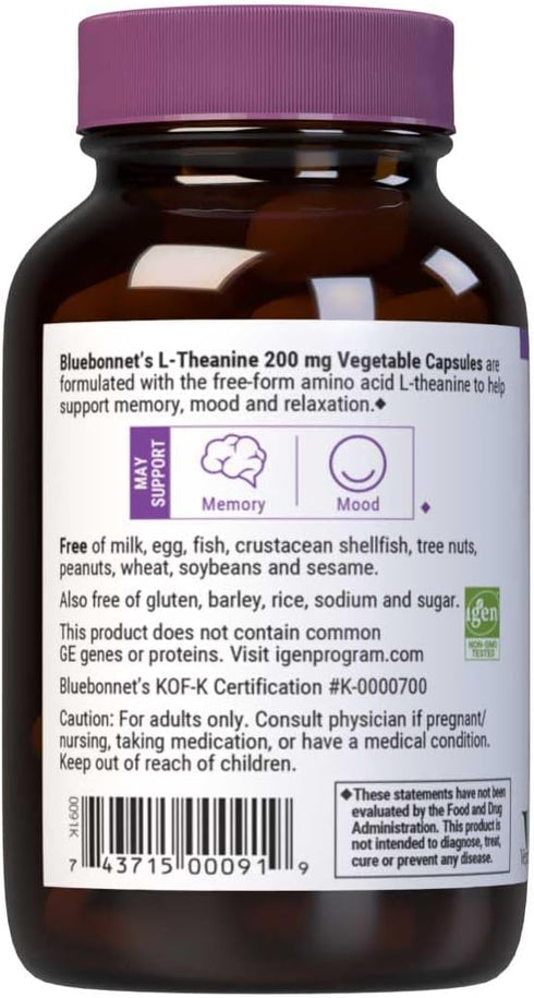 Bluebonnet Nutrition L-Theanine 200mg, 60 Vegetable Capsules - Promotes Relaxation, Vegan