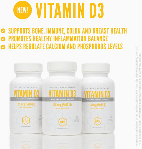 NBI High Potency Vitamin D3 125 mcg (5000 IU) Softgels with Rosemary Extract Antioxidants for Bone & Immunity Support