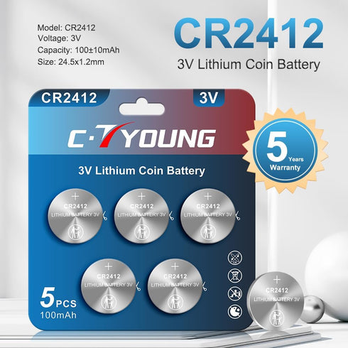 CR2412 Lithium 3V Batteries, 5 Pack for Car Key Fob and Smart Watch Replacement