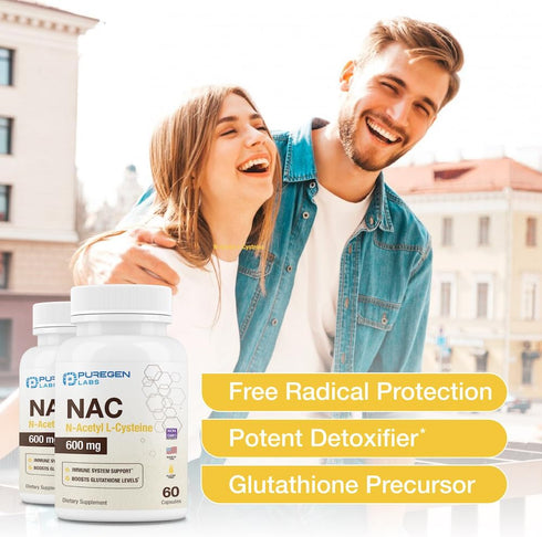 Puregen Labs N-Acetyl-L-Cysteine (NAC) 600mg, Immune and Respiratory Support, Antioxidant, 120 Veggie Capsules