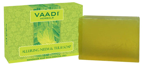 Vaadi Herbals Neem Tulsi Bar Soap with Tea Tree Oil, Handmade Herbal Soap, 100% Pure Essential Oils, Pack of 3