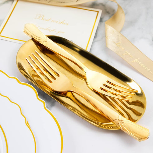 DaYammi 150 Pack Gold Disposable Silverware Set - 50 Forks, 50 Knives, 50 Spoons - Heavy Duty Plastic Cutlery for