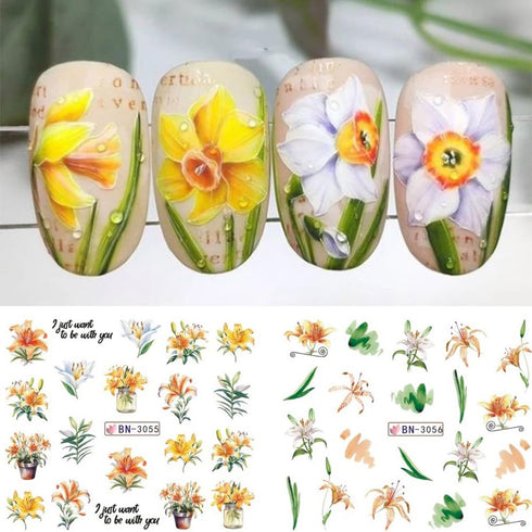 12 Sheets Lily Flowers Nail Stickers, Water Transfer Decals for Spring Floral Nail Art Design
