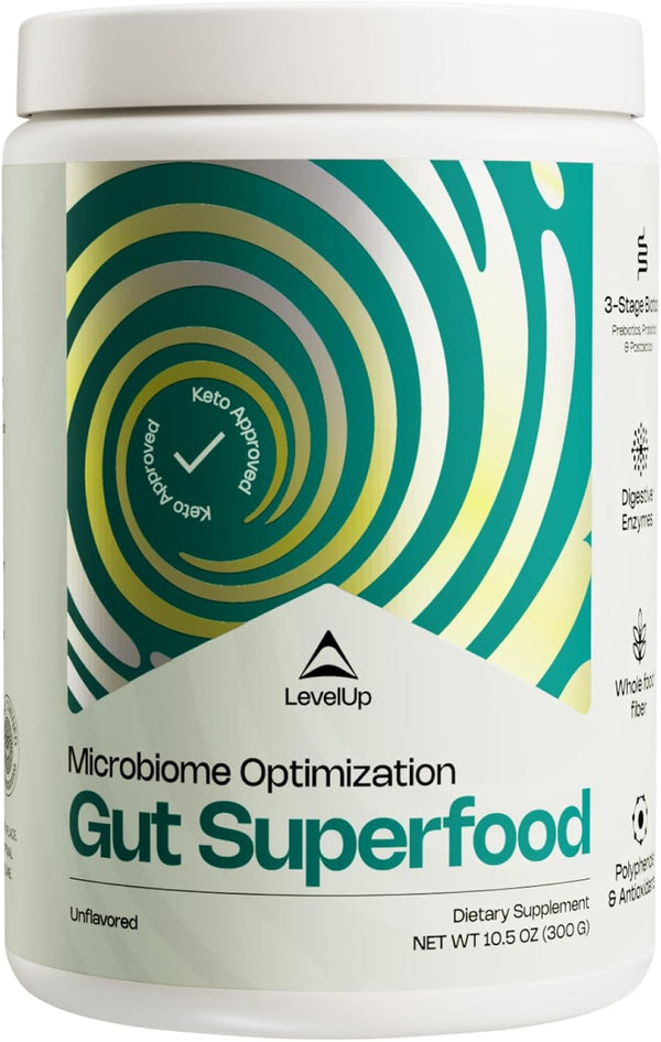 LevelUp Gut Superfood, Fiber Supplement for Leaky Gut, Digestive Problems, Gluten-Free, Total Gut Health (Unflavored)