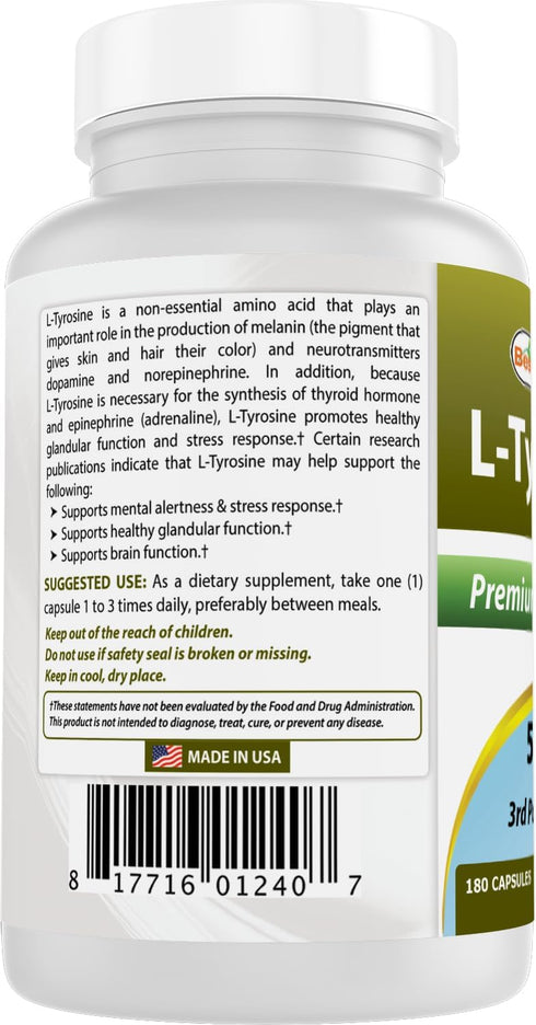 Best Naturals L-Tyrosine 500 Mg - 180 Capsules for Mental Alertness, Energy, Focus & Healthy Glandular Function