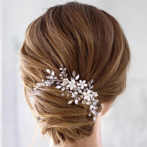 JAKAWIN Bride Wedding Hair Comb - Pearl Flower Hair Piece Rhinestone Bridal Accessories for Women