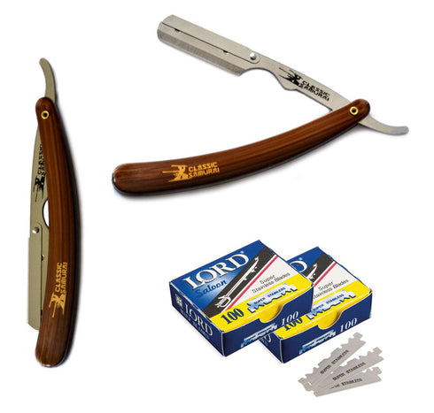 Stainless Steel Professional Barber Folding Straight Edge Razor Shavette Men's Shaving Kit with 200 Count Lord Single