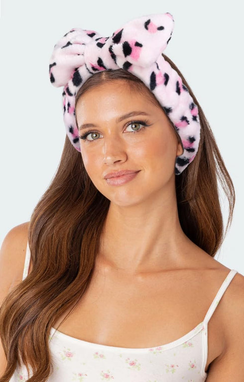 Spa Headbands for Women - Pink Leopard Girls Makeup Bow Tie Head Band, Soft Microfiber Face Wash Headbands