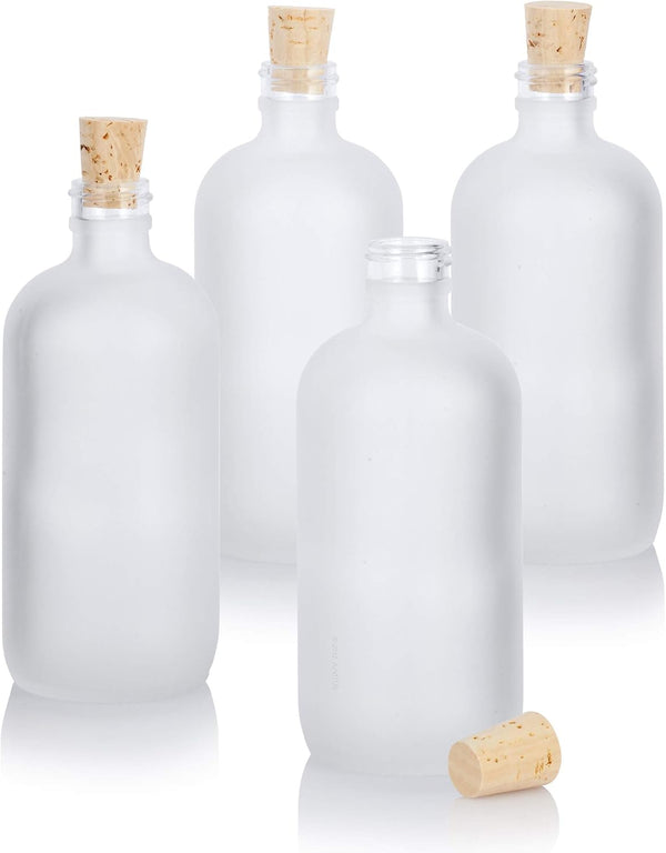 JUVITUS 8 oz / 240 ml Frosted Clear Glass Boston Round Bottle with Cork Stopper (4 Pack)
