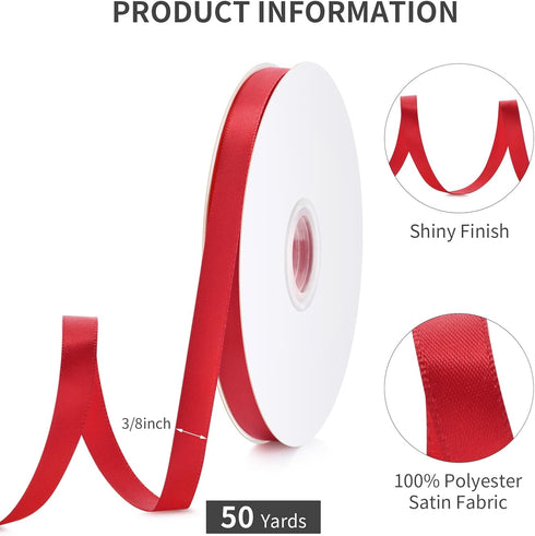 WUINOID 3/8" 50 Red Ribbon, Yards Ribbon for Gift Wrapping, Satin Fabric Ribbons for Flower Bouquet Bridal Wedding