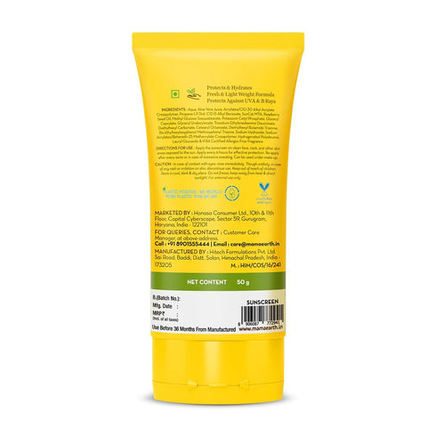 Mamaearth HydraGel Sunscreen - SPF 50 & PA++++ Sun Protection with Aloe Vera & Raspberry, Hydrating Gel Lotion, 1.69 Fl