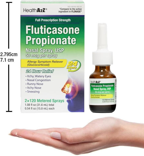 HealthA2Z 50mcg, 24-Hour 240 (2 Pack, 120 Allergy Relief, Fluticasone Propionate Nasal Spray, Allergy Relief, Dye Free