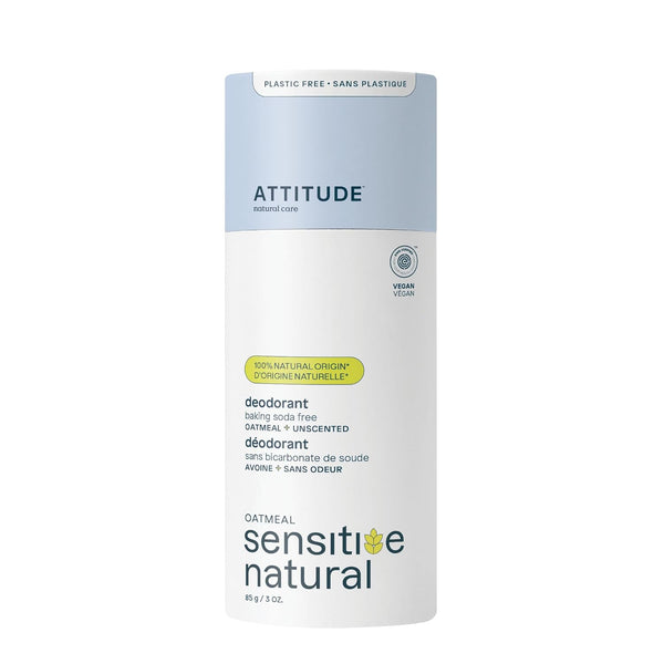 ATTITUDE Baking Soda Free Deodorant for Sensitive Skin with Oatmeal, EWG Verified, Aluminum Free, Unscented, 3oz