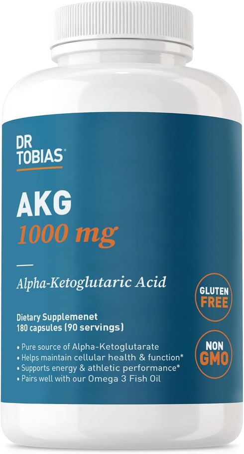 Dr. Tobias AKG Supplement 1000mg, Bioavailable Alpha Ketoglutaric Acid, 180 Capsules, Vegan, Gluten-Free