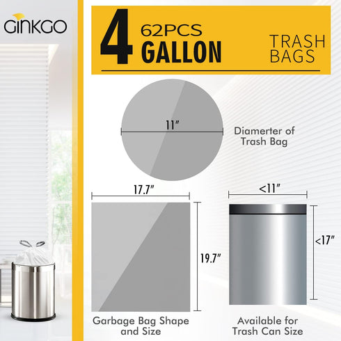 62 Counts Small Trash Bags, Drawstring, 4 Gallon Mini Garbage Bags for Bathroom, Kitchen, Bedroom, Office