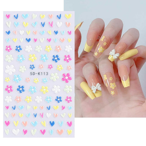 5 Sheets 3D Embossed Flower Nail Art Stickers Decals 5D Self-Adhesive Colorful Daisy Blossom Nail Supplies