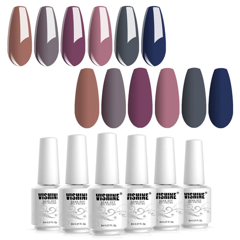 Vishine Fall-Winter Gel Nail Polish Set - 6 Colors Grey Purple Gel Polish Kit, Soak Off UV LED Nail Gel, 8ml Each