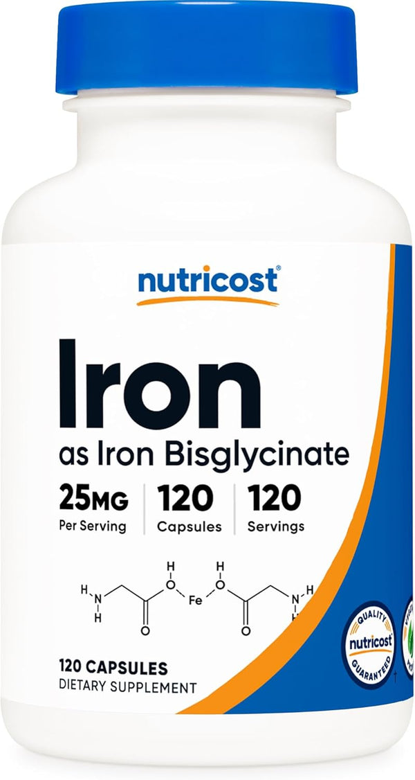Nutricost Iron Bisglycinate Supplement 25mg - 120 Capsules from Ferrous Bisglycinate Chelate, Non-GMO & Gluten-Free