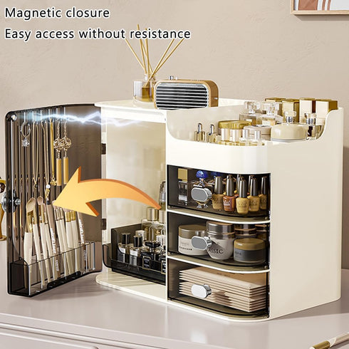 Transparently Black Cosmetics Display Case with Mirror, Large Capacity Makeup Storage Box with Drawers
