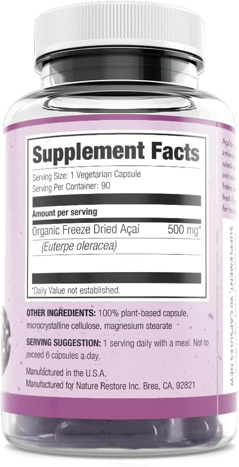 Nature Restore Organic Acai Berry Supplement - Freeze Dried, 90 Capsules, Non-GMO, Gluten Free, Vegan