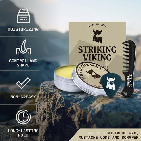 Striking Viking Mustache Wax & Comb Kit, 2 Oz Medium/Strong Hold, Vanilla Scent, Non-Greasy Mustache Grooming Kit